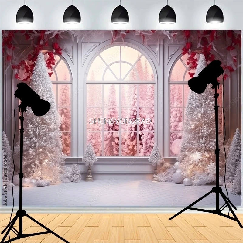 

Front Door Window Christmas Day Wreach Photography Backdrops New Year Living Room Portrait Holiday Party Photo Background DD-11