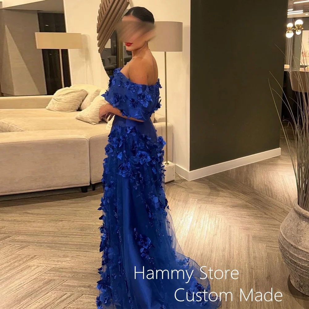 Royal Blue Evening Dress Customized Boat Neck Off The Shoulder Pearls Flower A Line Saudi Arabian Prom Dresses Party Gown