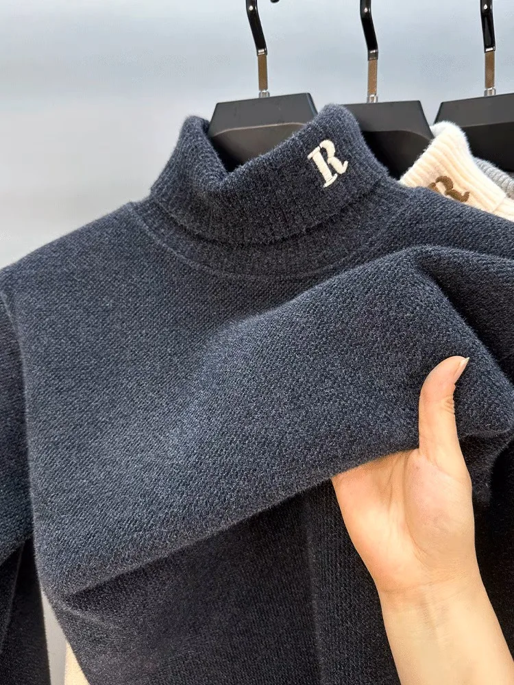 

High end brand men's high neck sweater winter new fashion R letter embroidery Korean youth casual warm thick knitted pullover