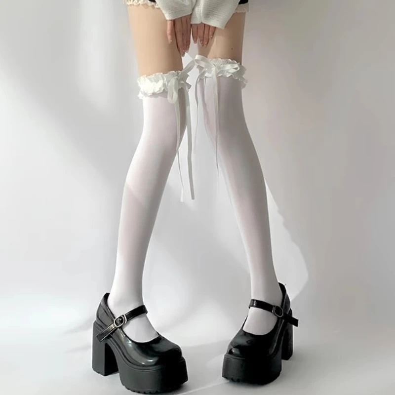 White Thin Sheer Ruffle-edge Lace Long Socks Women JK Girl Sweet Thigh High Stockings Lolita Nylon OverKnee Cute Bowknot Hosiery
