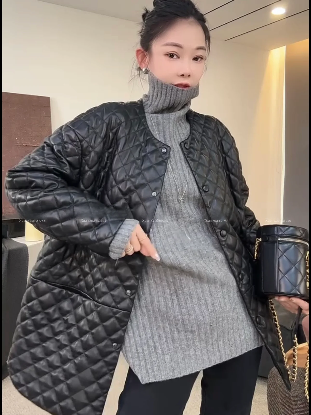 

Trendy 2024 New Women's Genuine Leather Jaet round Ne Diamond Pattern Cotton Woolen eepskin Coat Loose Slimming