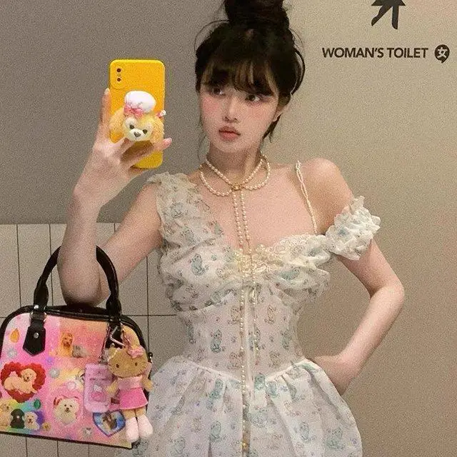 Abito a canotta con orlo a palloncino con stampa gatto che impiegato in vita stile Miu primaverile per donna Mini abito estivo carino da donna