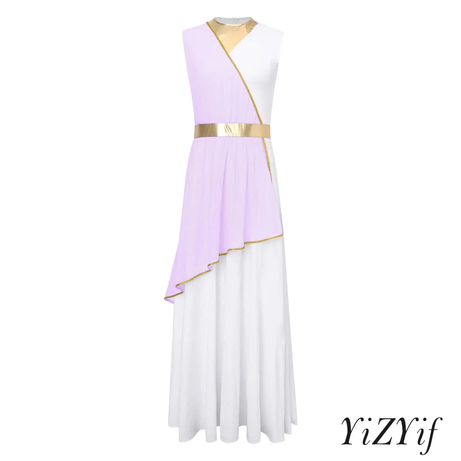 

Women Liturgical Dance Tunic Sleeveless Asymmetrical Draped Overlay Gold Trim Metallic Waist Dresses Worship Lyrical Dancewear