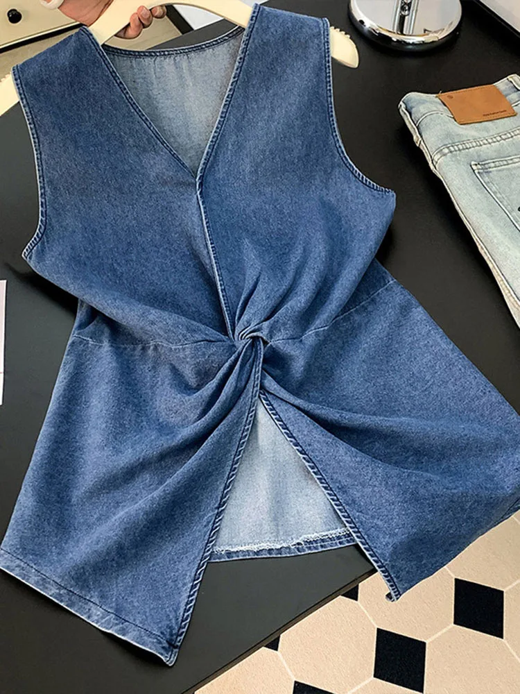 Fashion Twist Knot V-Neck Sleeveless Denim Vest Women Summer New Vintage Versatile Slit Tank Top Korean Style Slim Commuter Tops