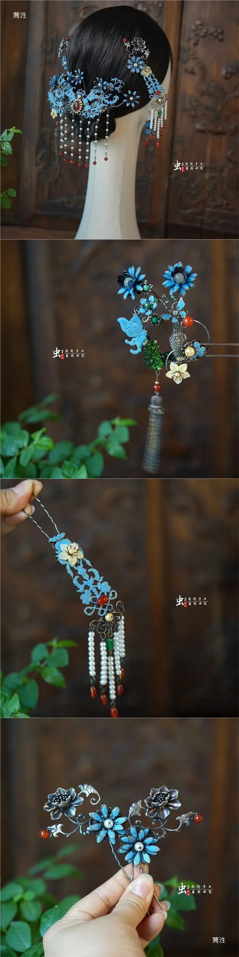 Imitation Qing Dynasty old silver new Chinese hairpin with green color, Qing Han female bride horse dress hair accessories 2802