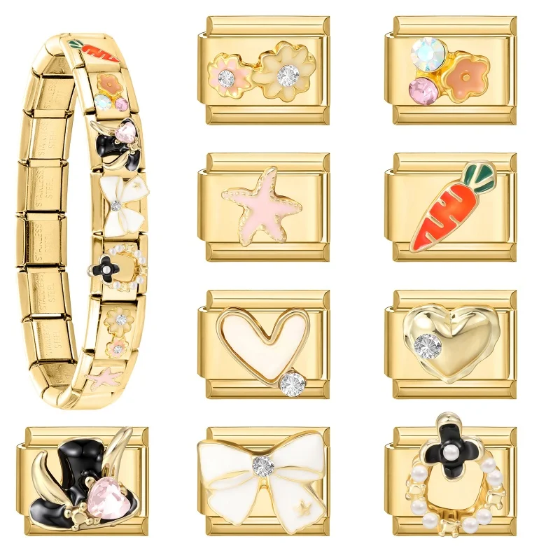 New Golden Zircon Bow Heart Bee Butterfly Carrot Flowers Italian Charm Links Fit 9MM Stainless Steel Bracelet Making DIY Jewelry