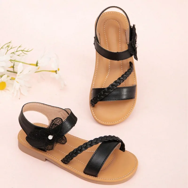 

Children's Cross-Weave Sandals Girls Butterfly Pearl Flats Student Casual Sandals Kids Non-Slip Versatile Dress Shoes Princess