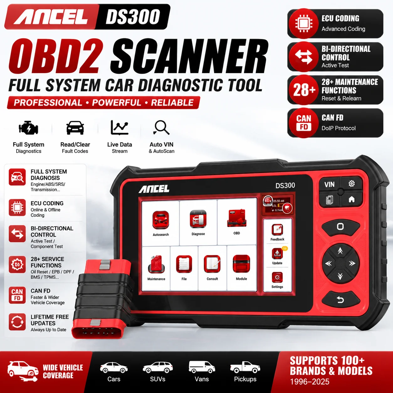 ANCEL DS300 Scanner OBD2, outil de diagnostic automobile complet, codage ECU, contrôle bidirectionnel, 28+ fonctions de maintenance, CAN FD, mises à jour gratuites à vie