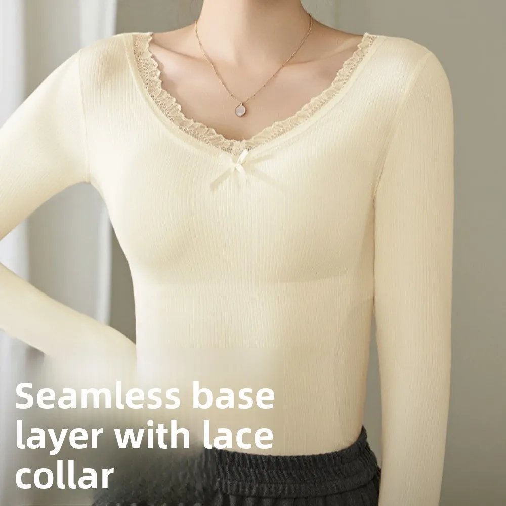 

Lace Women Wool Thermal Clothes Invisible Wool Fleece Thermal Underwear V Neck Feel Heating Warmth Long Tops Girls Female