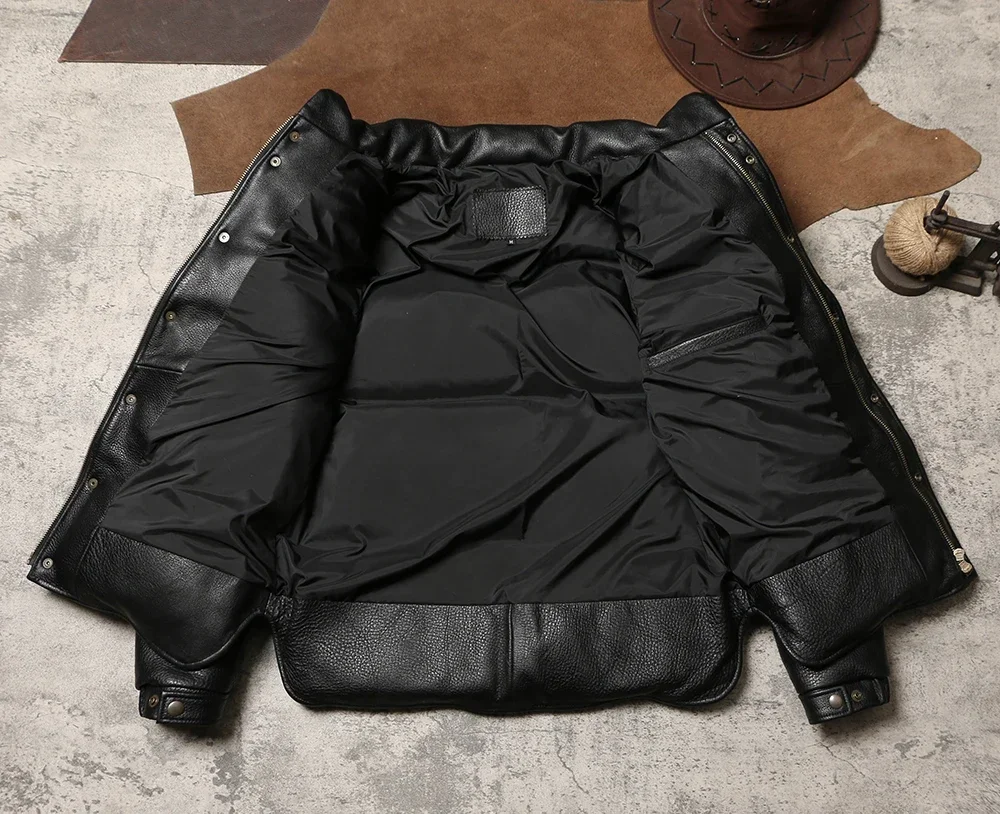 Winter Extra Thick Leather Down Bread Jacket Men's Vintage Leather Jacket Warm Jacket with Cowhide and Duck Down