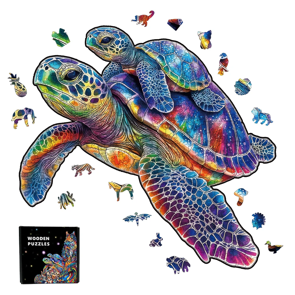 3D Turtle Father and Son Wooden Jigsaw Puzzle，Ideal Gift for Adults Artistic Jigsaw Brain Teaser Unique Irregular Animal Shape