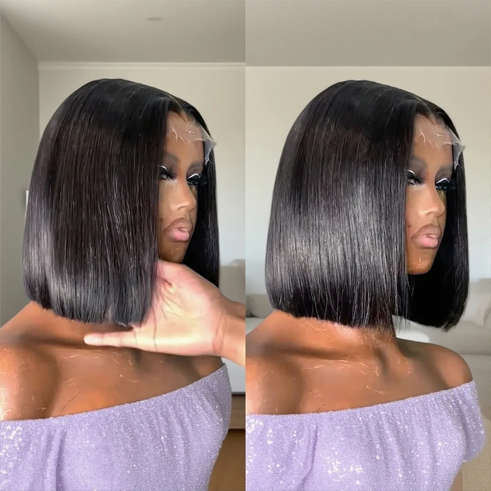 스트레이트 밥 레이스 프론탈 가발 브라질리언 100% 인모 7x5 글루리스 가발 앞머리 가발 짧은 가발 여성용 투명 250% 밀도
