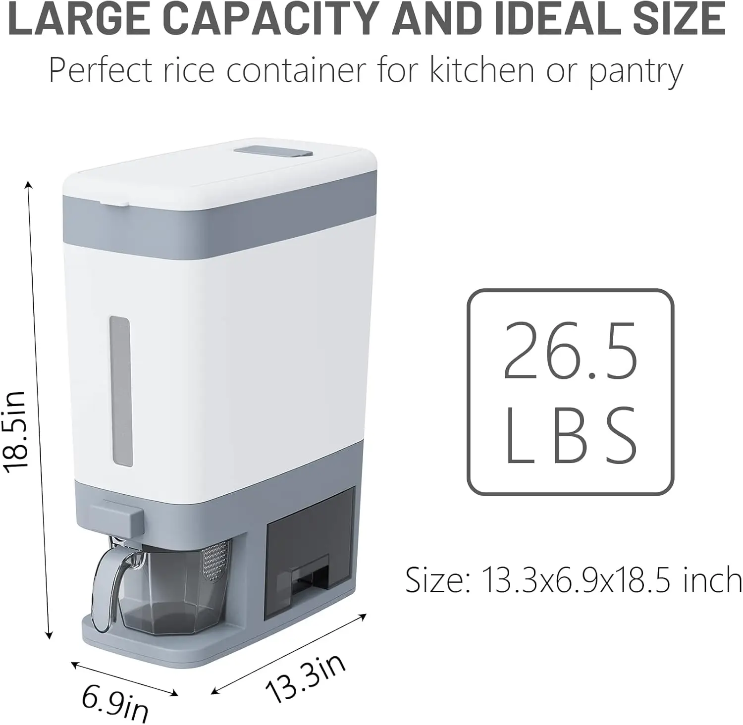 26.5 Lbs Rice Dispenser Large Sealed Grain Container  with Measuring Cup, Airtight Design Food Dispenser, Kitchen Organization P