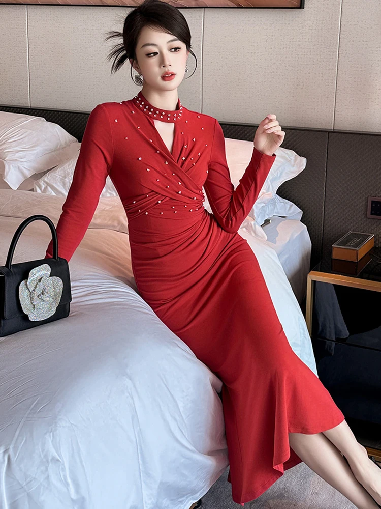 Women Clothes Chic Hollow Sexy Long Sleeve Skinny Midi Stretchy Dress Elegant Luxury Commute Party Vestidos Fiesta Robe Spring