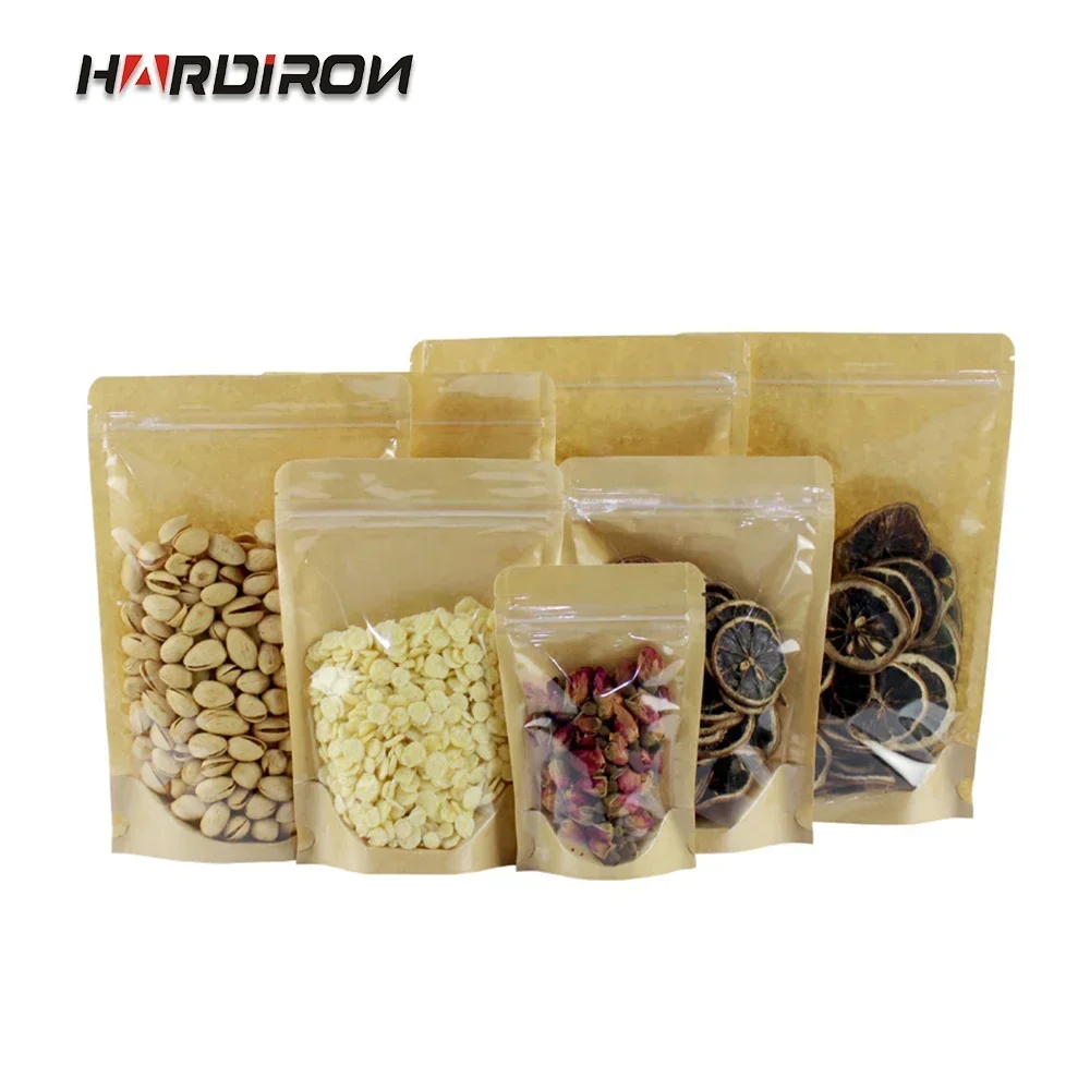 HARDIRON Thick Front Transparent Kraft Paper Bag Nut Tea Self-standting Ziplock Package Bag Zip Lock Plastic Display Window Bags