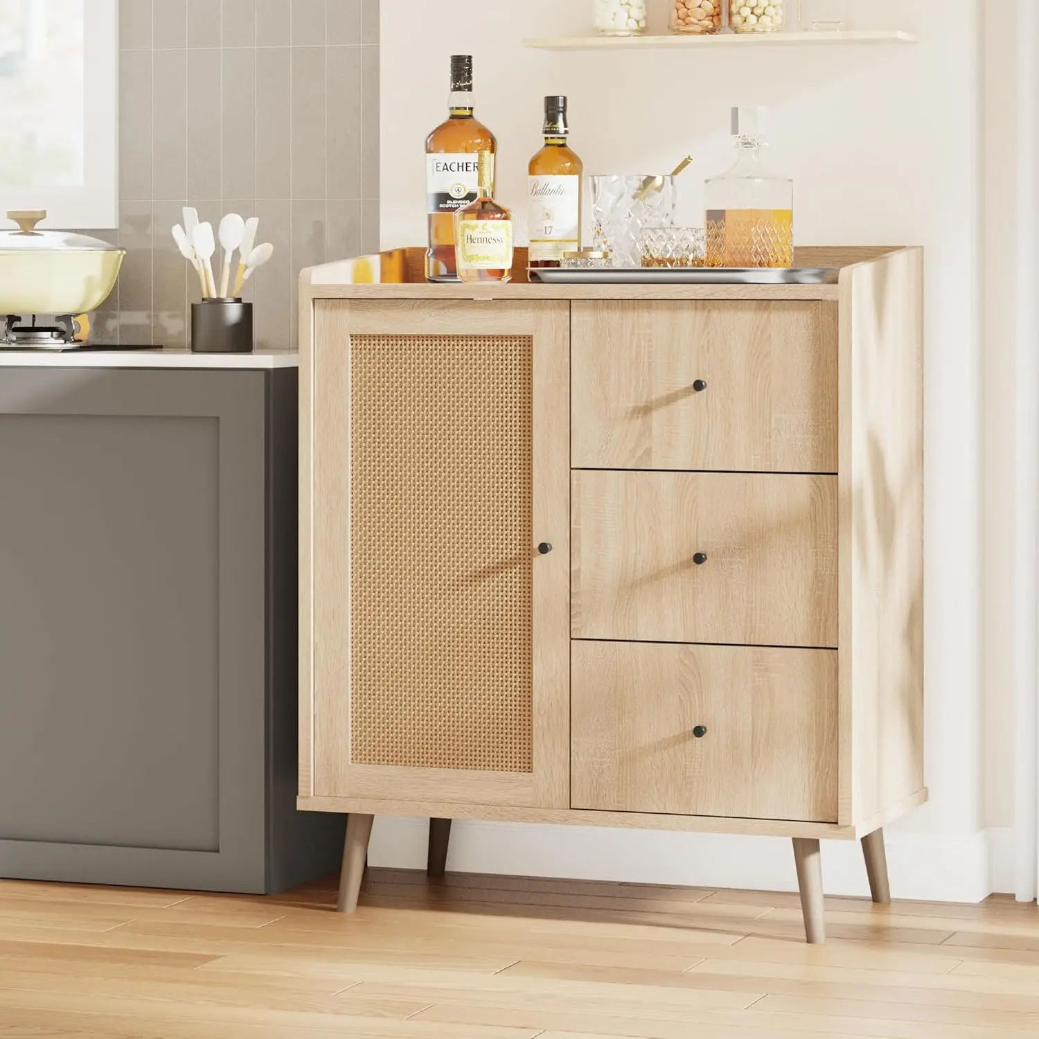 

Rattan Accent Cabinet, 3-Drawer Storage Cabinet with Rattan Decorated Doors and Solid Wood Feet, Sideboard for Living Room, Entr