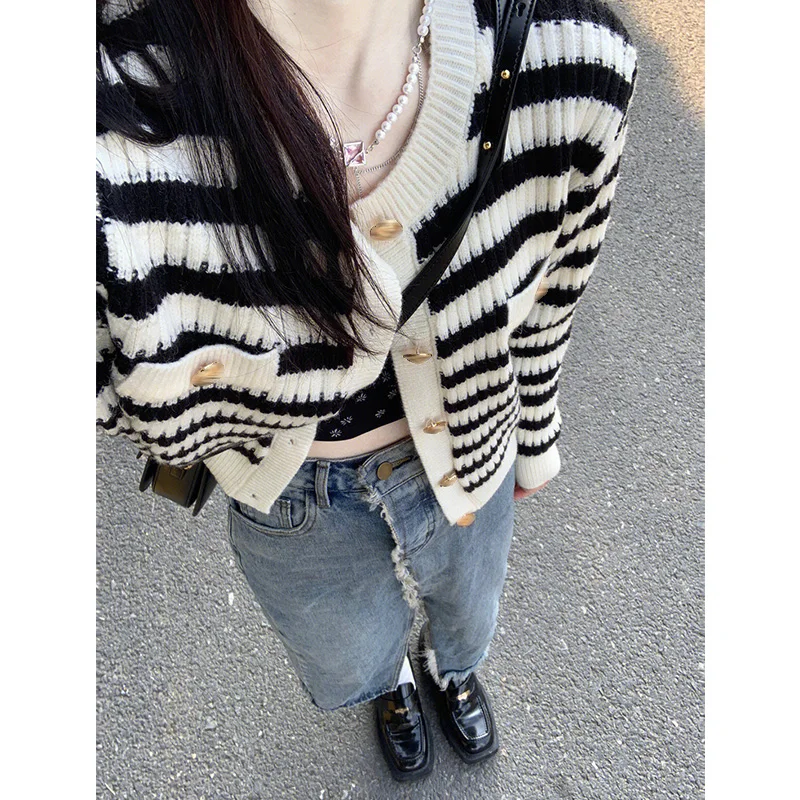 fashionable-knitted-open-cardigan-women's-v-neck-striped-shirt-elegant-style-autumn-new-arrival-high-end-sensation-small-frag