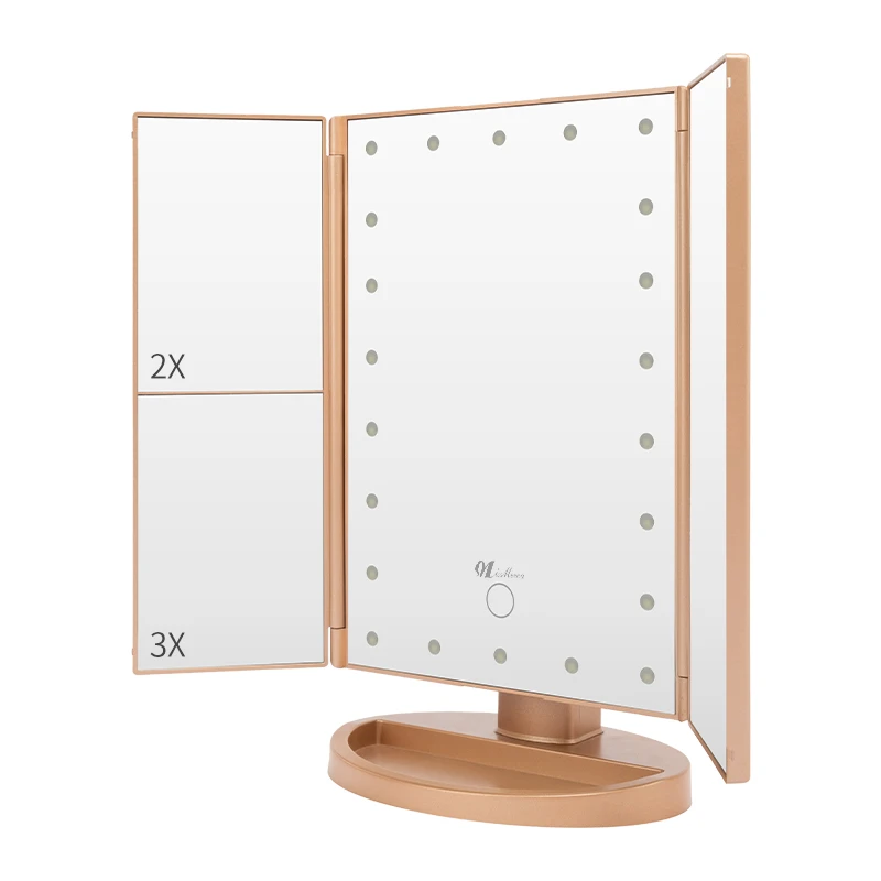 Missmeeca Foldable Makeup Mirror With LED Light 3 Folding 1X 2X 3X Desktop Vanity Mirror Dimmable Rotatable LED Mirrors