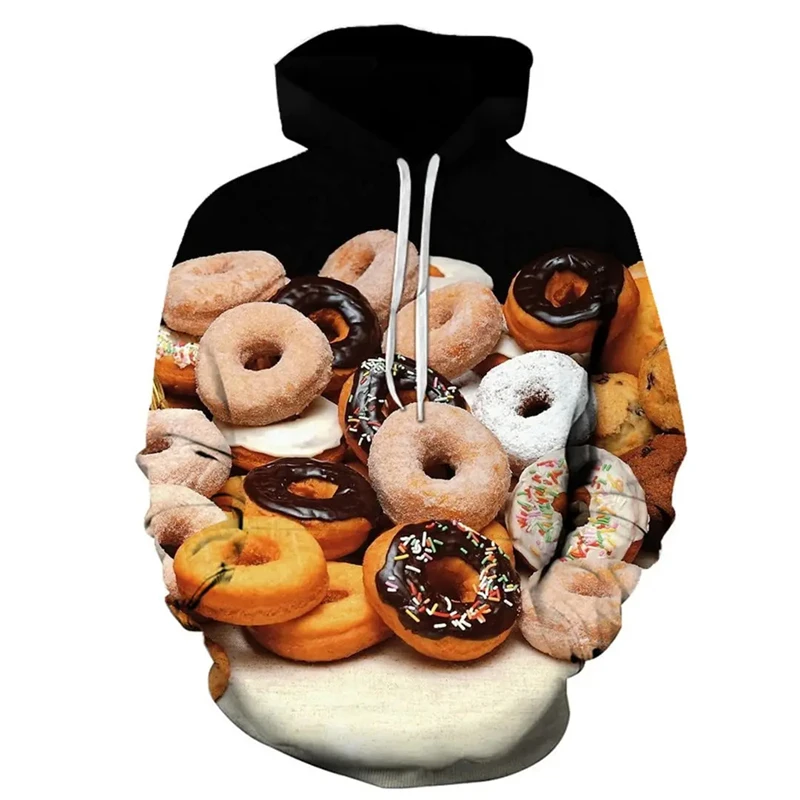 Donat, makanan penutup, Hoodie cetak 3D untuk pria, pakaian modis desain makanan, Pullover kasual wanita