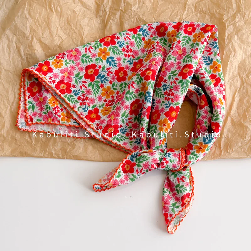 Cotton Linen Square Scarf 58 Cm Floral Print High Quality Soft Lightweight Neck Protection Versatile Daily Use As Hair Band