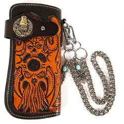 COW LEATHER Vintage Men Wallet Cow Leather Carving Personality Handmade Chain Zipper Handbag Coin Dollar Card Holder Purse