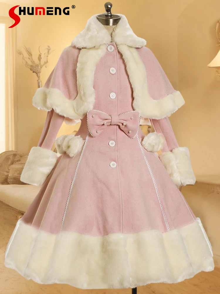 

Japanese Sweetcute Lolita Coats Thick Plush Shawl Cape Single-breasted Bows Loose Long Woolen Jacket Two-piece Sets Women Winter