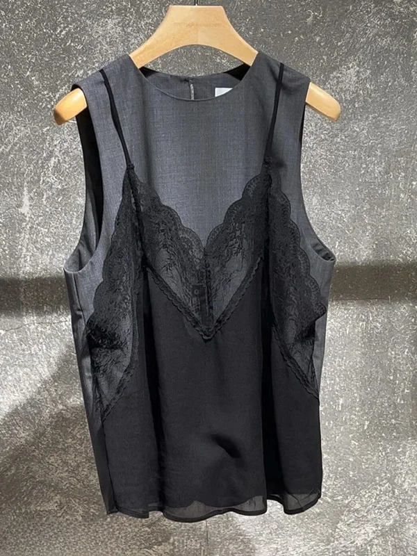 

Unique Lace Sleeveless Fake Two-Piece Women's Shirt Korean Style Commute Fashion Summer New Arrival Elegant Quality