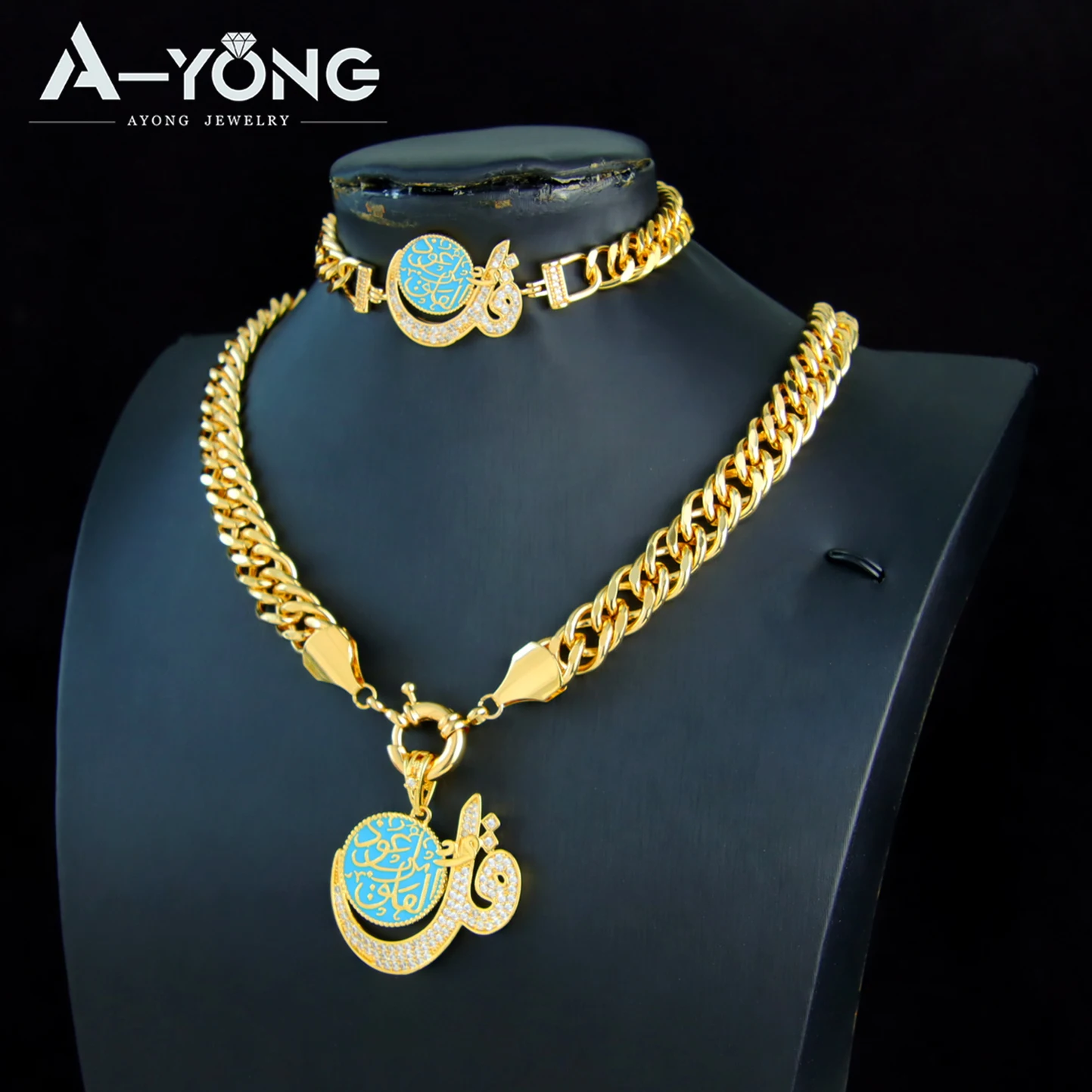 Luxury Dubai Gold Color Necklace Bracelet 21k Gold Plated Saudi Muslim Fashion Zircon Choker Arab Women Wedding Party Jewelry