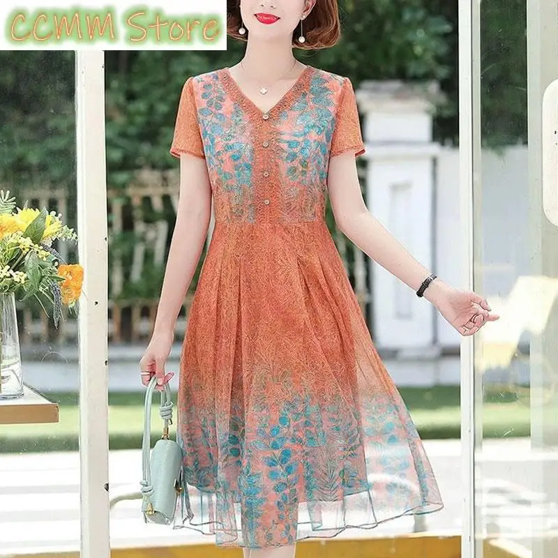 

Prairie Chic Printed Dresses Fashion Lace Spliced Summer Elegant V-Neck Female Clothing Vintage Casual Short Sleeve Midi Dress