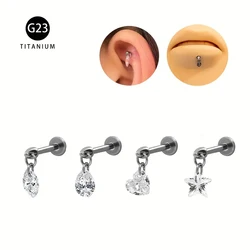1Pc ASTM F136 Titanium Heart Star Crystal Dangle Cartilage Earrings Labret 16G Screw On Woman Men Ear Tragus Helix Lobe Jewelry