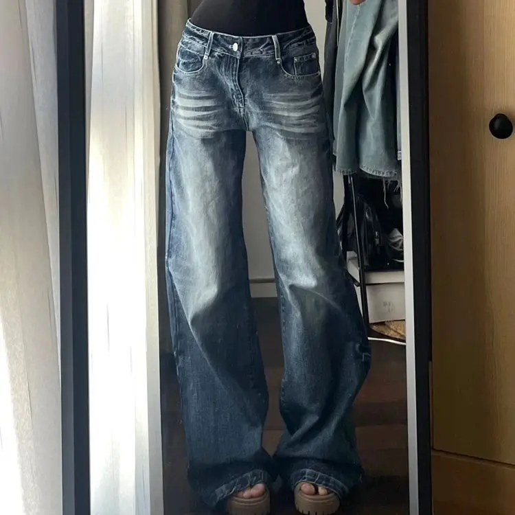 

Y2k винтажные мешковатые широкие джинсы для женщин, потертые повседневные свободные джинсовые брюки с высокой талией, уличная одежда, корейские расклешенные брюки