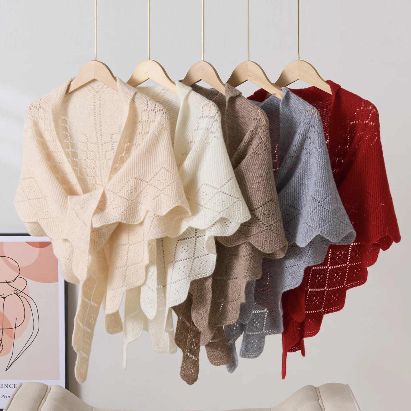 Chic Autumn Winter Women's Versatile Commute Shawl 100% Merino Wool Minimalist Heavy-Duty Hollow Knit Soft Thermal Solid Color