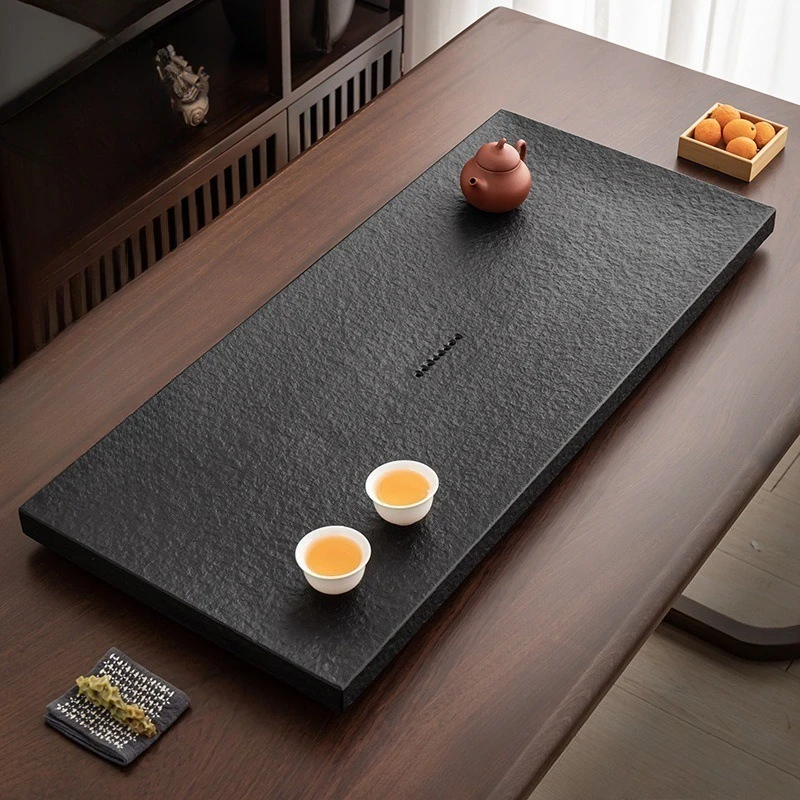 Natural Black Stone Tea Tray, Chinese Kung Fu Tea Set for Living Room Desktop, Traditional Home Tea Table Decor