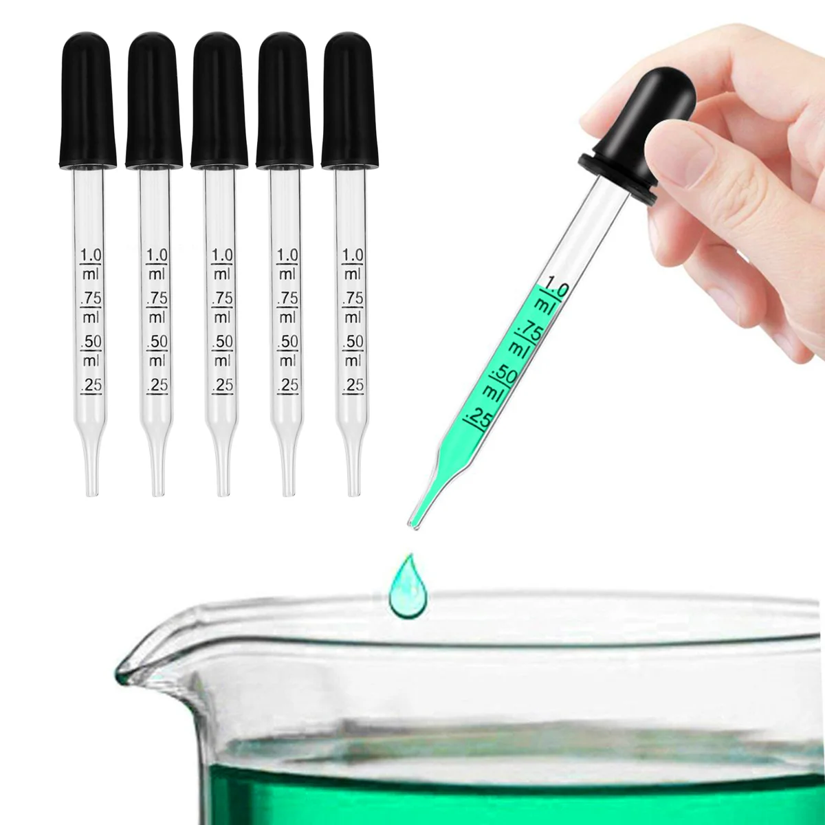 Conjunto Conta-gotas de vidro com escala, pipetas de transferência graduadas, pipeta reta com tampa, casa de laboratório escolar, 1ml, 20pcs