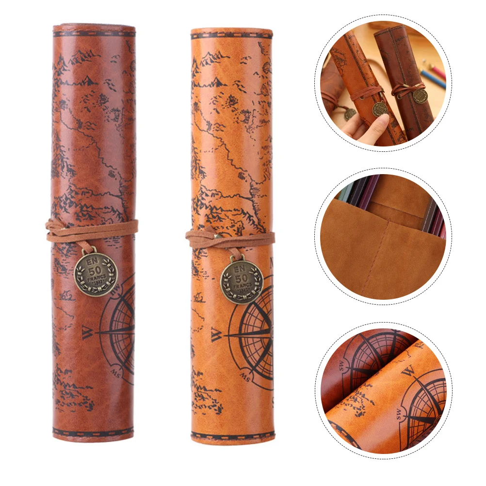 

2Pcs Vintage PU Roll Up Pencil Case Pen Bag Large Capacity Pencil Storage Organizer Foldable Strap Pouch