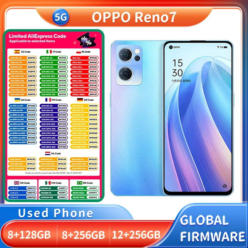 هاتف oppo Reno 6 pro 5G الذكي Android CPU Mediatek Dimensity 1200 Nano SIM شاشة 6.55 بوصة 2400x1080px 4500mAh هاتف مستعمل