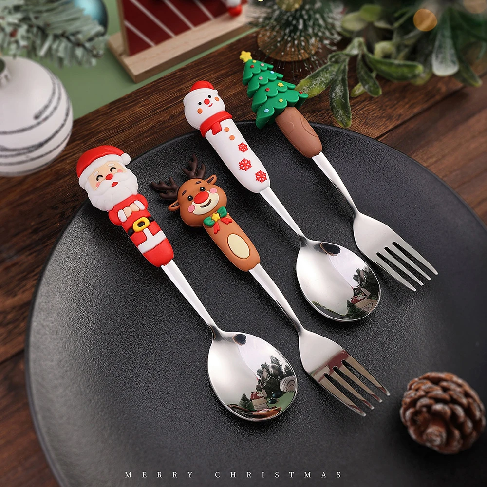 2/4Pcs Christmas Dinnerware Stainless Steel With Luxury Gift Box Tableware Dessert Fork Coffee Spoon Santa Cutlery For Christmas