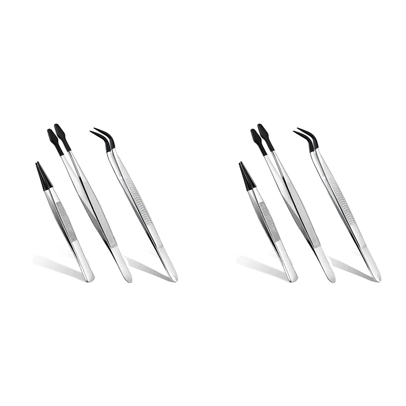 

6 Pcs Rubber Tipped Tweezers, 6Inch Straight Flat Tweezers & 6Inch Bent Tip Tweezers & 4.7Inch Pointed Tweezers