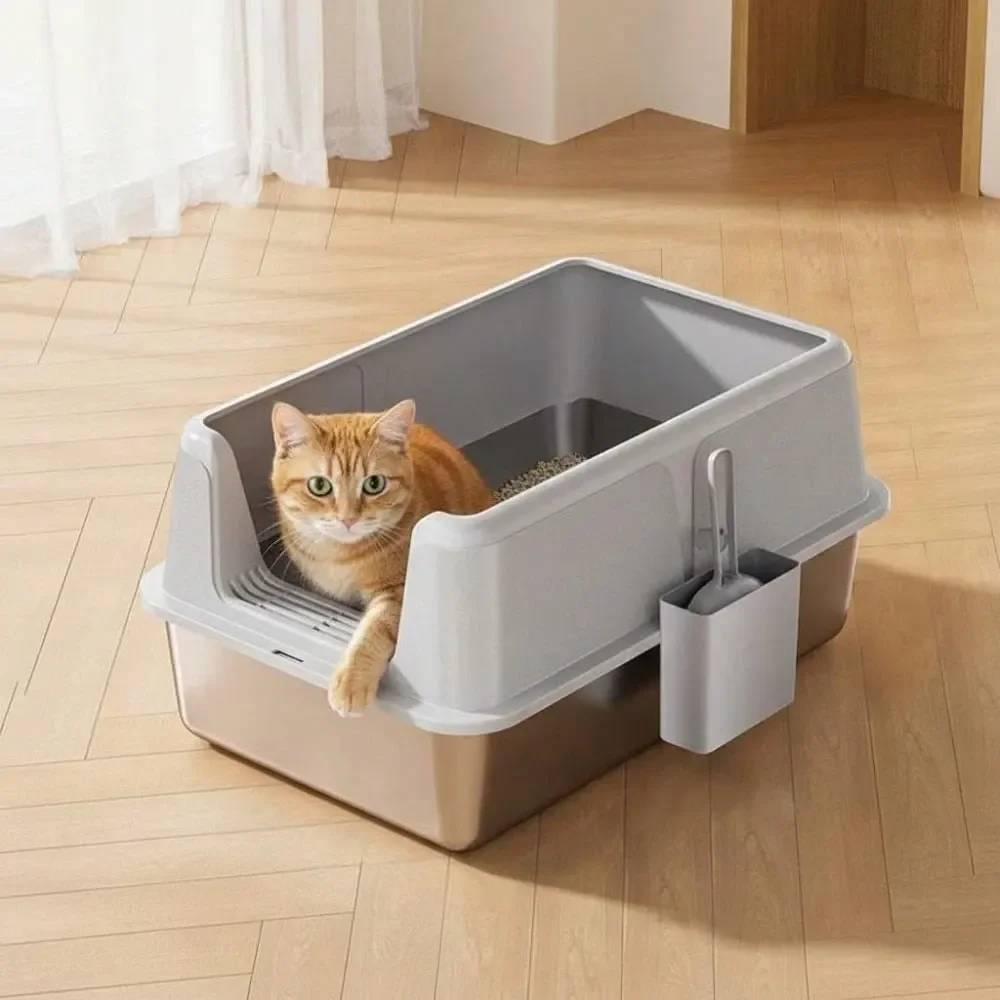 

Cat Litter Box Litter Box Cat AccessoriesLeakProof Stainless Steel Cat Litter Box With Lid XL 6 Deep NonStick Tray, Easy Clean,