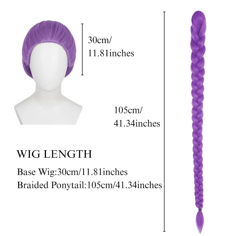 Parrucca lunga treccia viola per donna Parrucca base viola con trecce Clip coda di cavallo + cappuccio per cosplay di costumi di Halloween per feste di scena