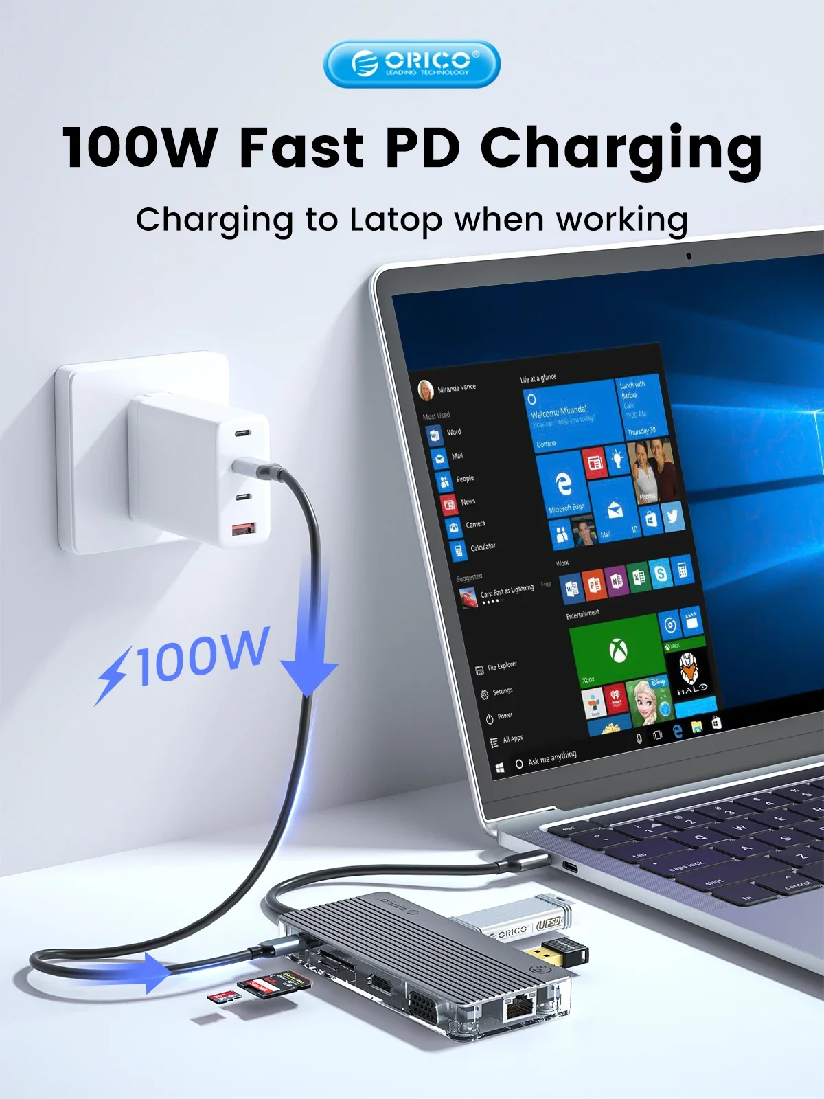 ORICO Stasiun Dok USB C Transparan Tipe C Ke HDMI-Kompatibel dengan 4K 30Hz RJ45 PD 100W Adaptor untuk Aksesori Macbook Hub Usb C
