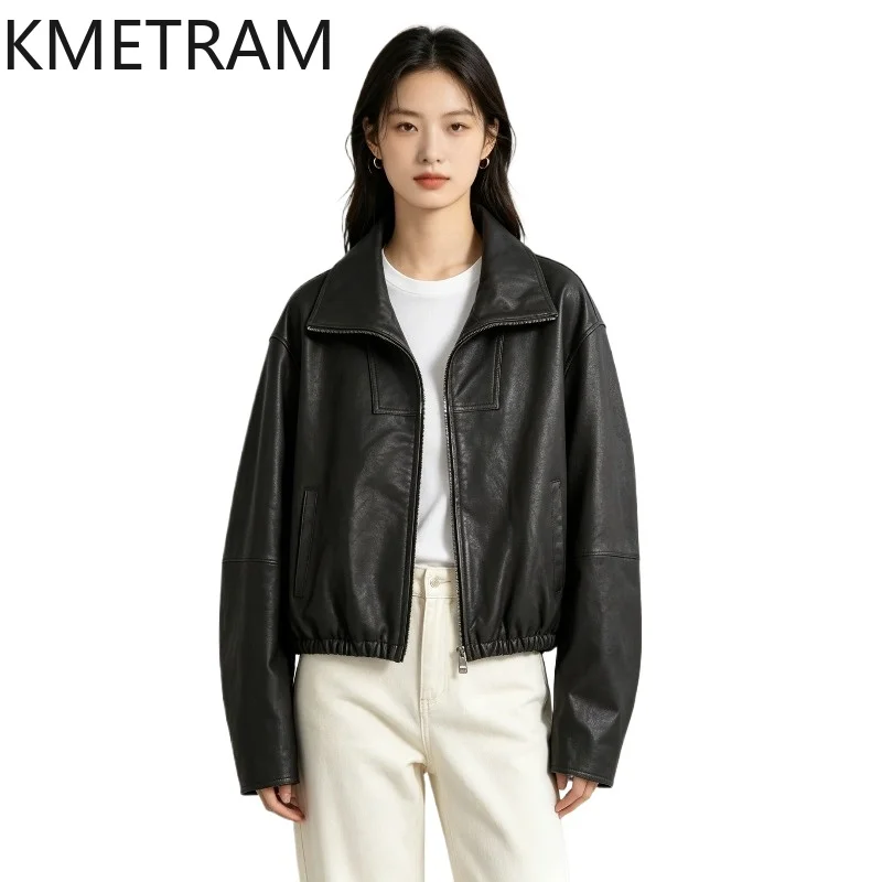 KMETRAM Genuine Leather Jacket Woman Fully Vegetable Tanned Sheepskin Jacket of Woman Vintage Biker Short Leather Coat Jaqueta