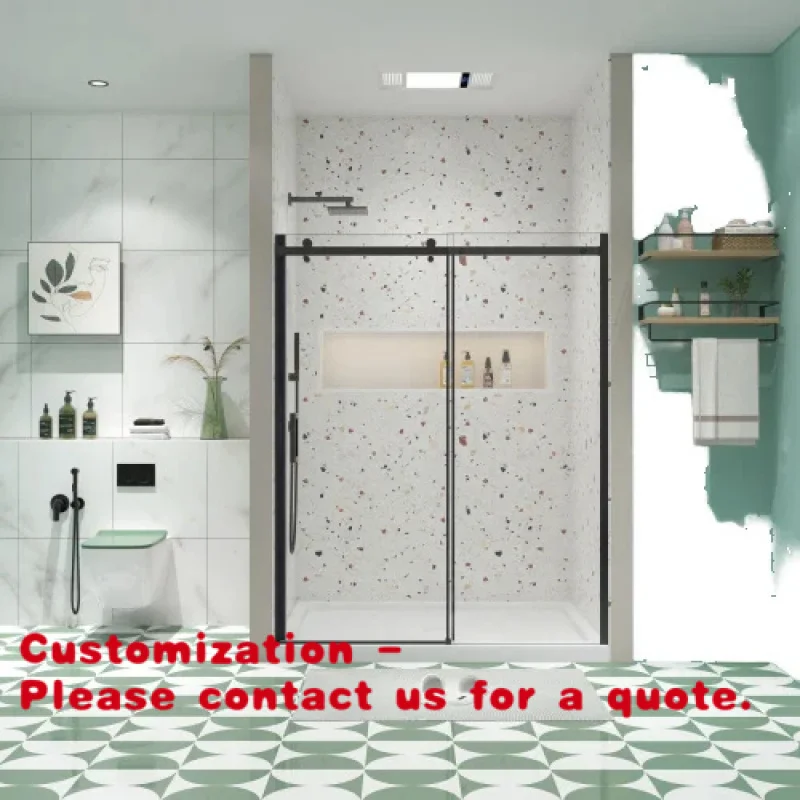 custom.Factory Direct with Frame Glass Bypass Sliding Shower Door with Modern Design ABS Tray Black Grid & Straight Appearance