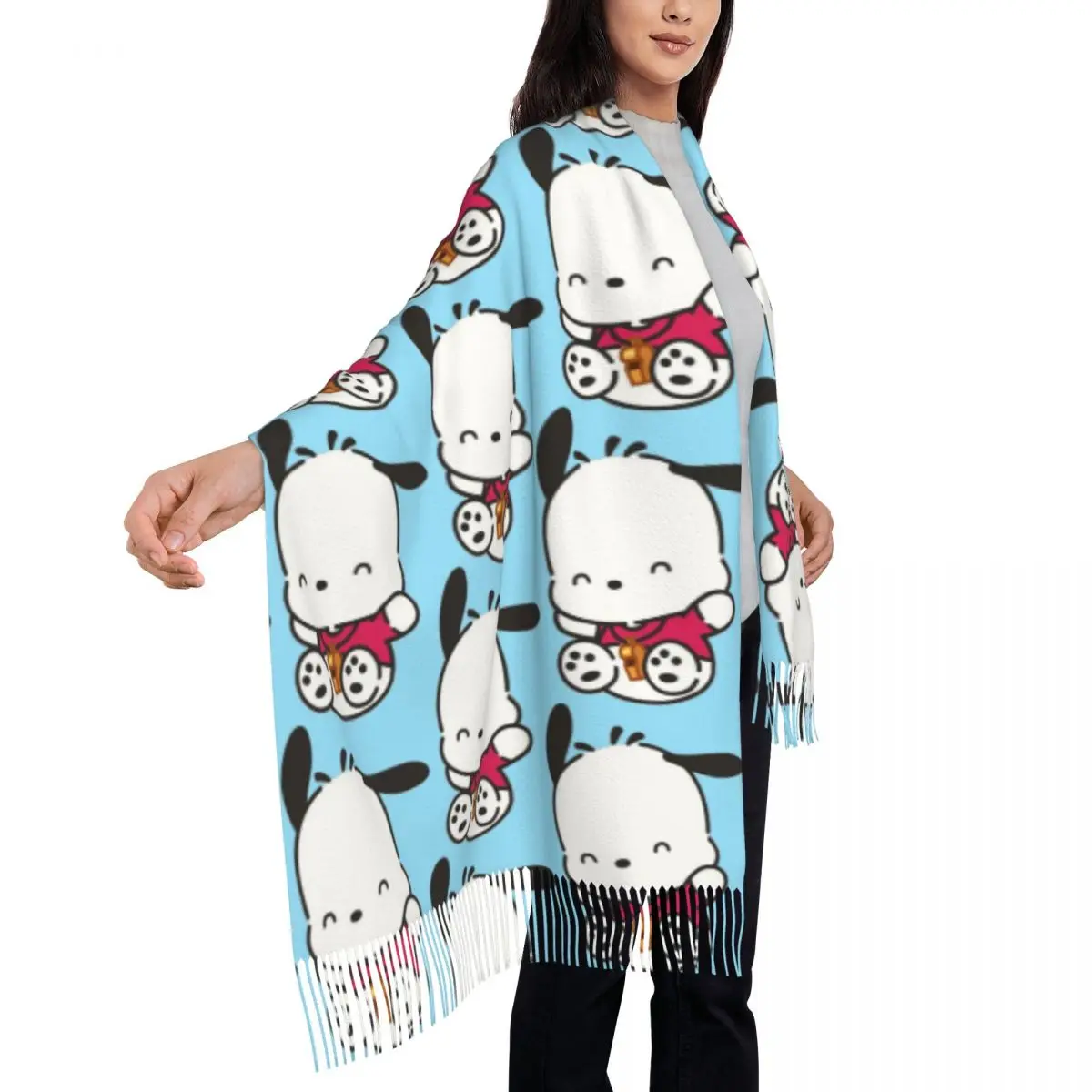 Изготовленный на заказ шарф с героями мультфильмов Pochacco для женщин, длинные зимне-осенние теплые шаль с кисточками, шарфы унисекс