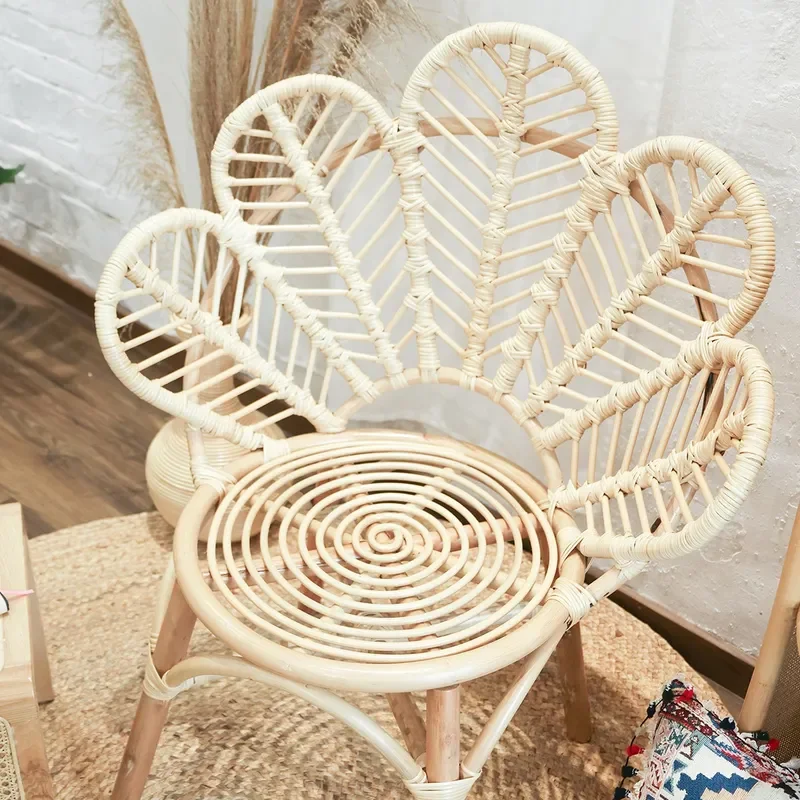 For Natural Hand-Woven Rattan Chair Leisure Dining Seat with Backrest for Home Balcony Vacation Style Comfortable Breathable