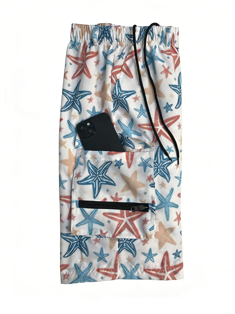 Mens All Over Print Beach Shorts with Multi Pockets Summer Quick Dry Board Shorts with Internal Drawstring Swim Trunks Swimwear image 6