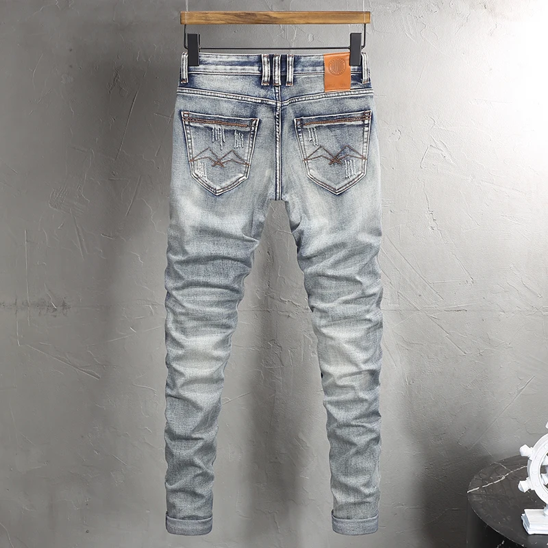 Jeans rasgado vintage masculino, de alta qualidade, retrô, lavado, azul, elástico, elástico, slim fit, remendado, jeans designer, moda