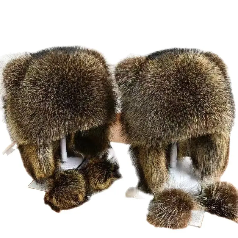 Luxury Real Raccoon Fur Hats Lady Warm Outdoor Winter Knitted Cute Fox Fur Raccoon  Bomber Caps Snow Earflap Hats Women