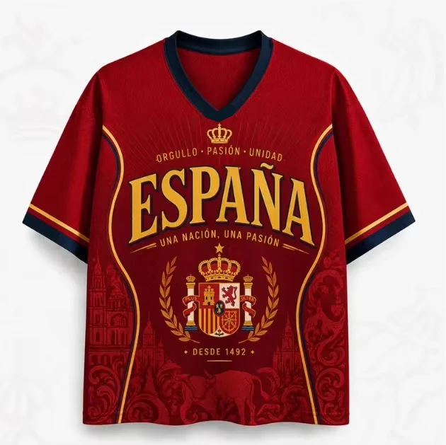 Camiseta de Fútbol Retro de Manga Corta con Cuello en V, Estampado 3D Oversize, España Toro N.º 10, Colección Verano 2026