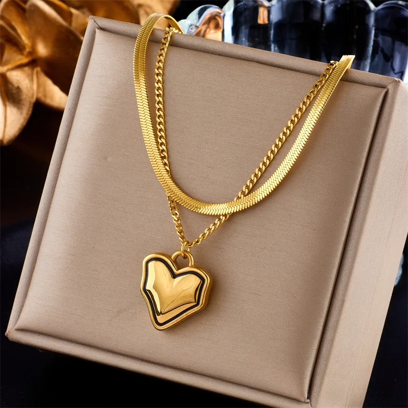 Stainless Steel Love Heart Pendant Necklace For Wome Charm Snake Bone Chain Neck Jewelry